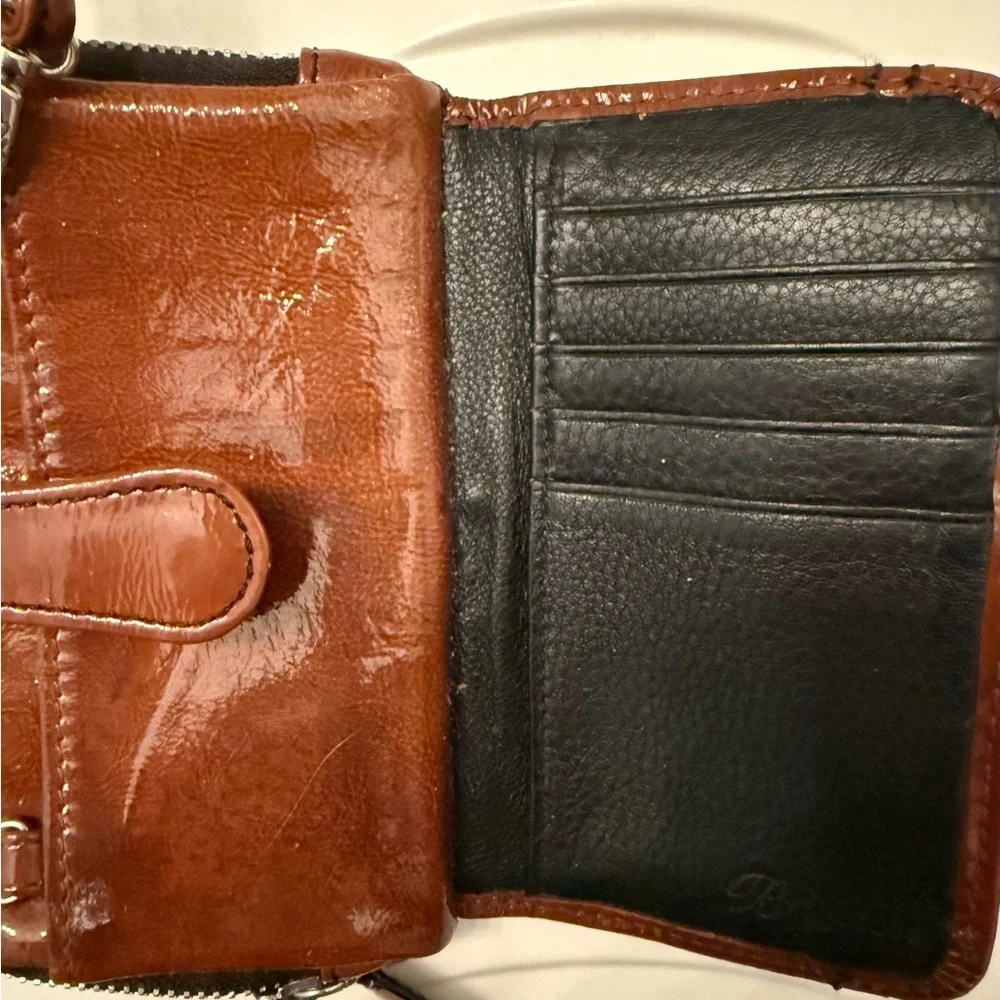 Brighton Shiny patent leather Brown Wristlet with Silver Emblem